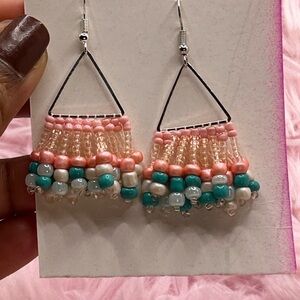 Peach, White & Teal Fringe Earrings